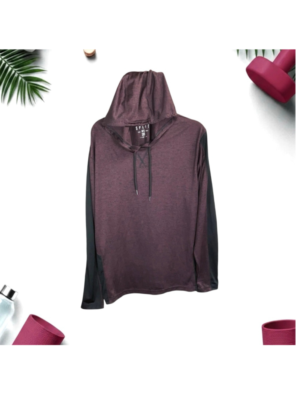 Registered Split Burgundy Maroon/Black Marble Hoodie w Thumb Holes Men Large